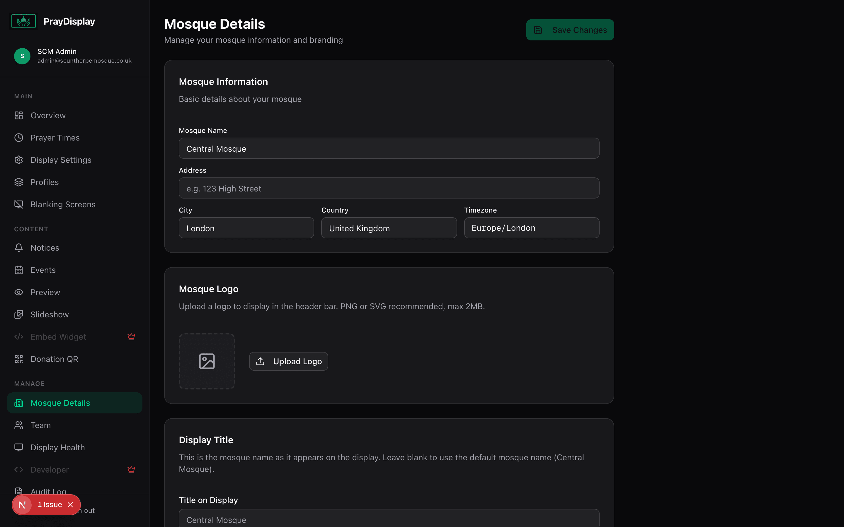 Mosque details page showing name, display title, timezone, and branding options
