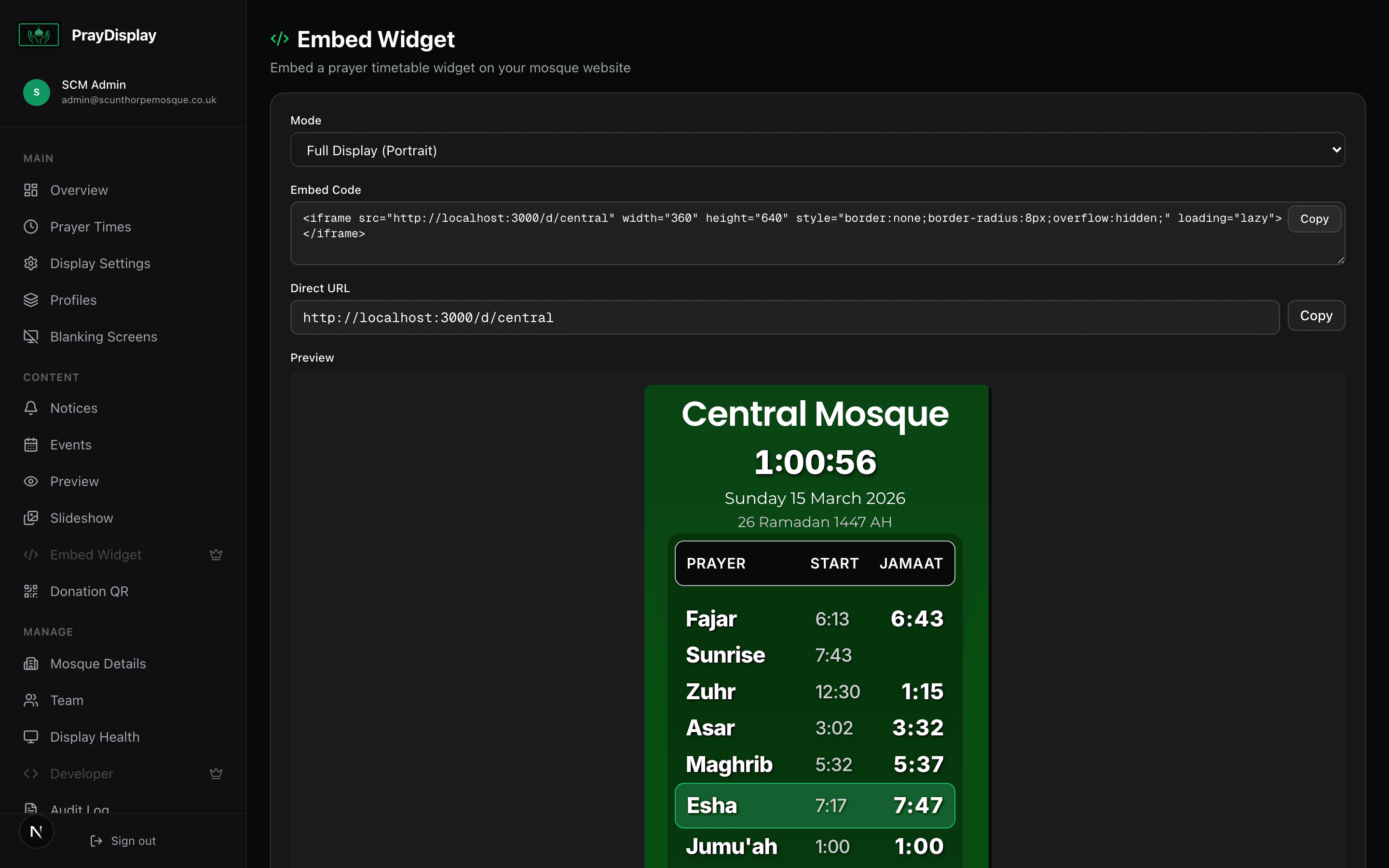 Embed Widget page showing style options and embed code