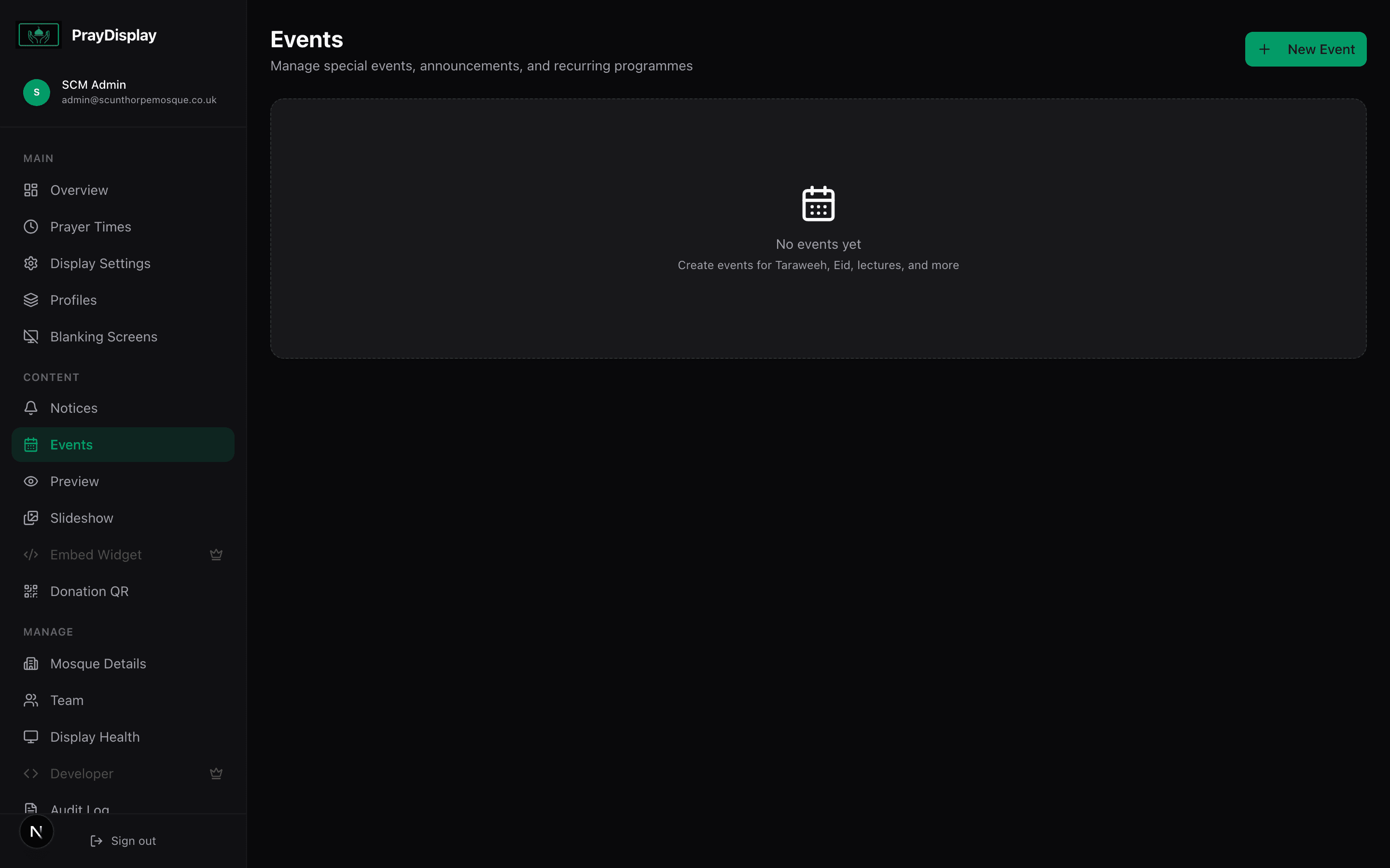 Events management page showing upcoming and past events