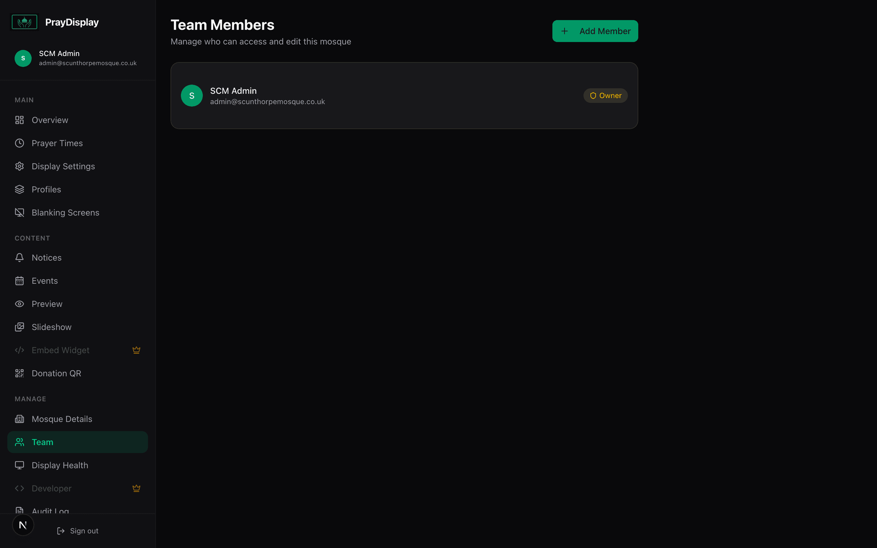 Team members page with role-based access control