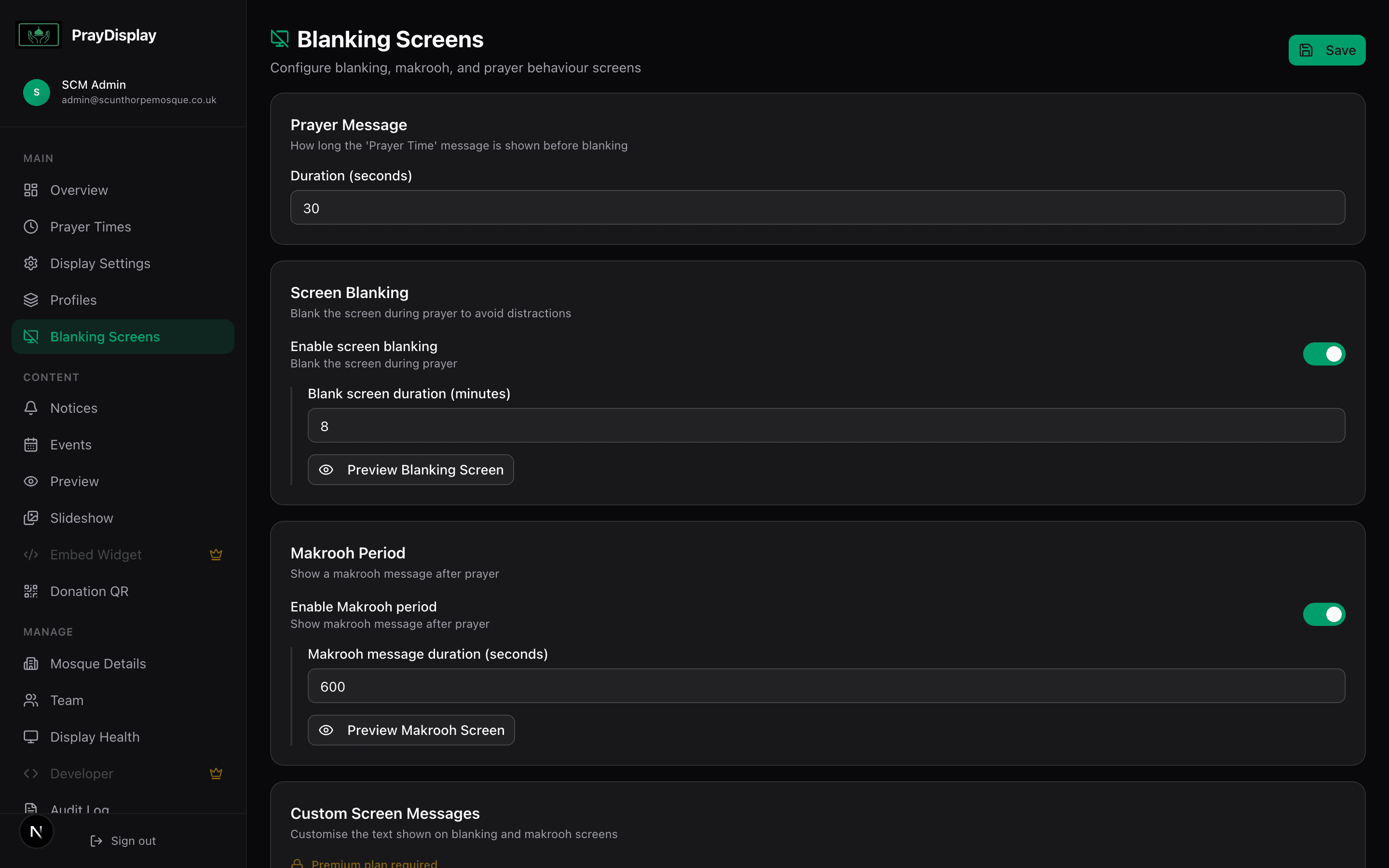 Blanking Screens settings page with prayer and makrooh configuration