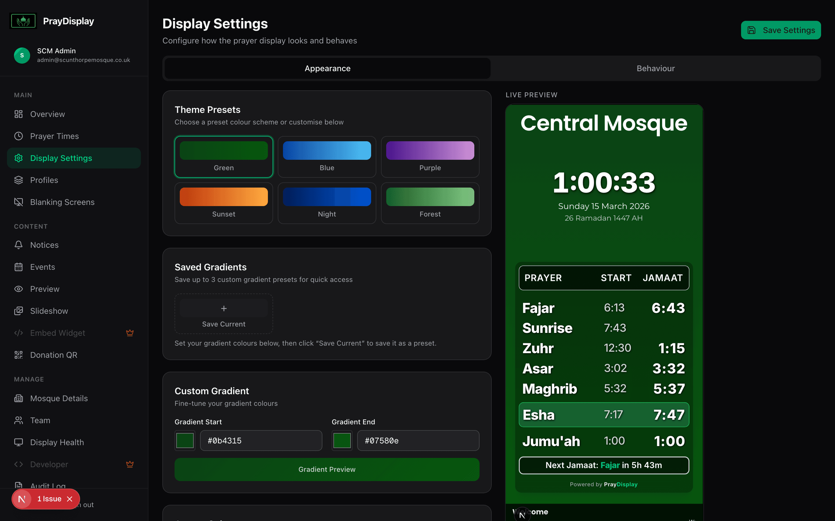 Display settings with theme presets and branding options