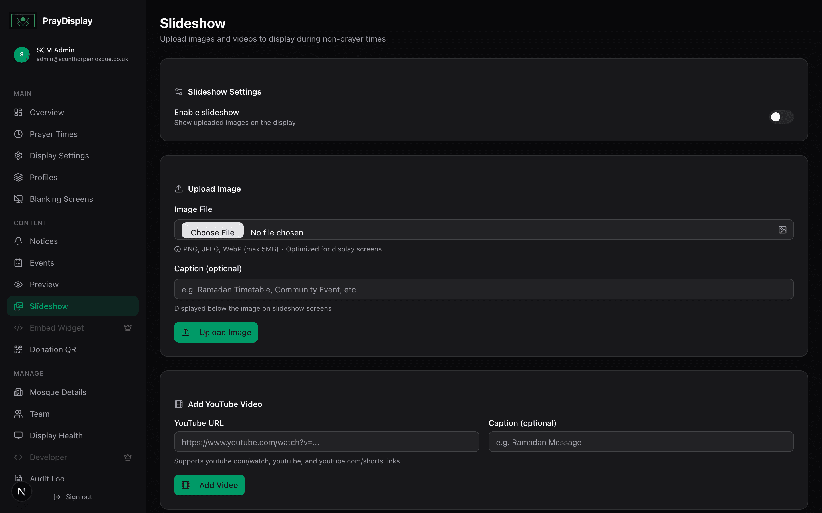 Slideshow management page showing uploaded images and upload area
