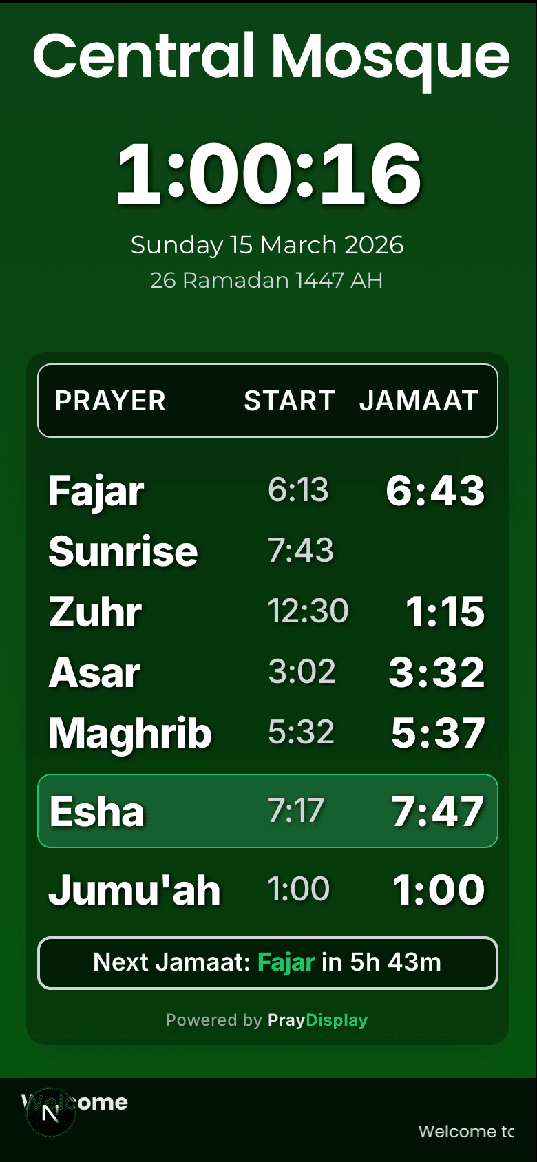 PrayDisplay PWA prayer timetable on a mobile phone