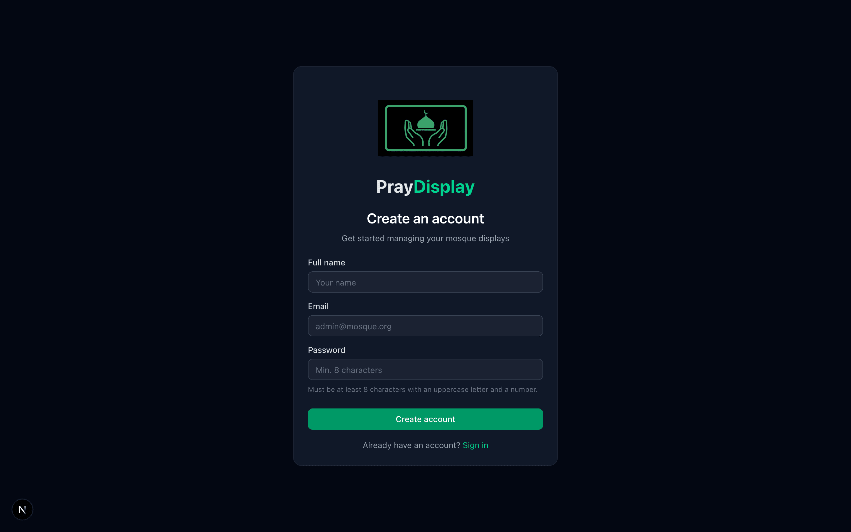 PrayDisplay registration page