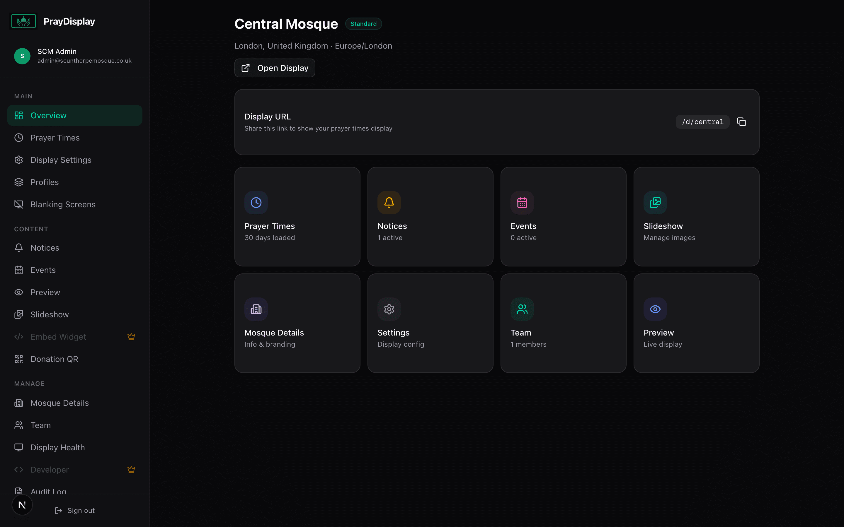 PrayDisplay dashboard showing mosque overview
