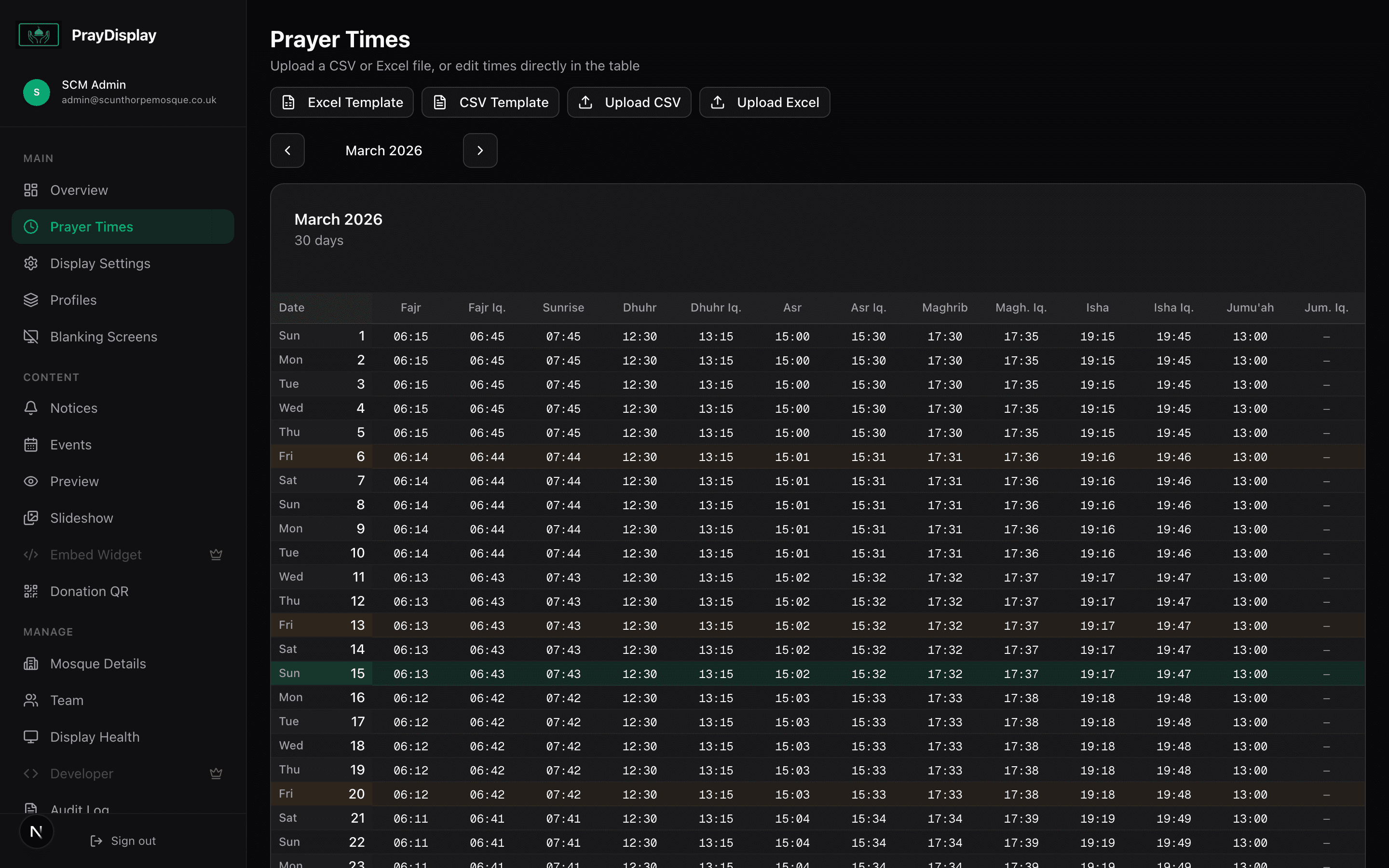 Prayer times editor showing monthly timetable