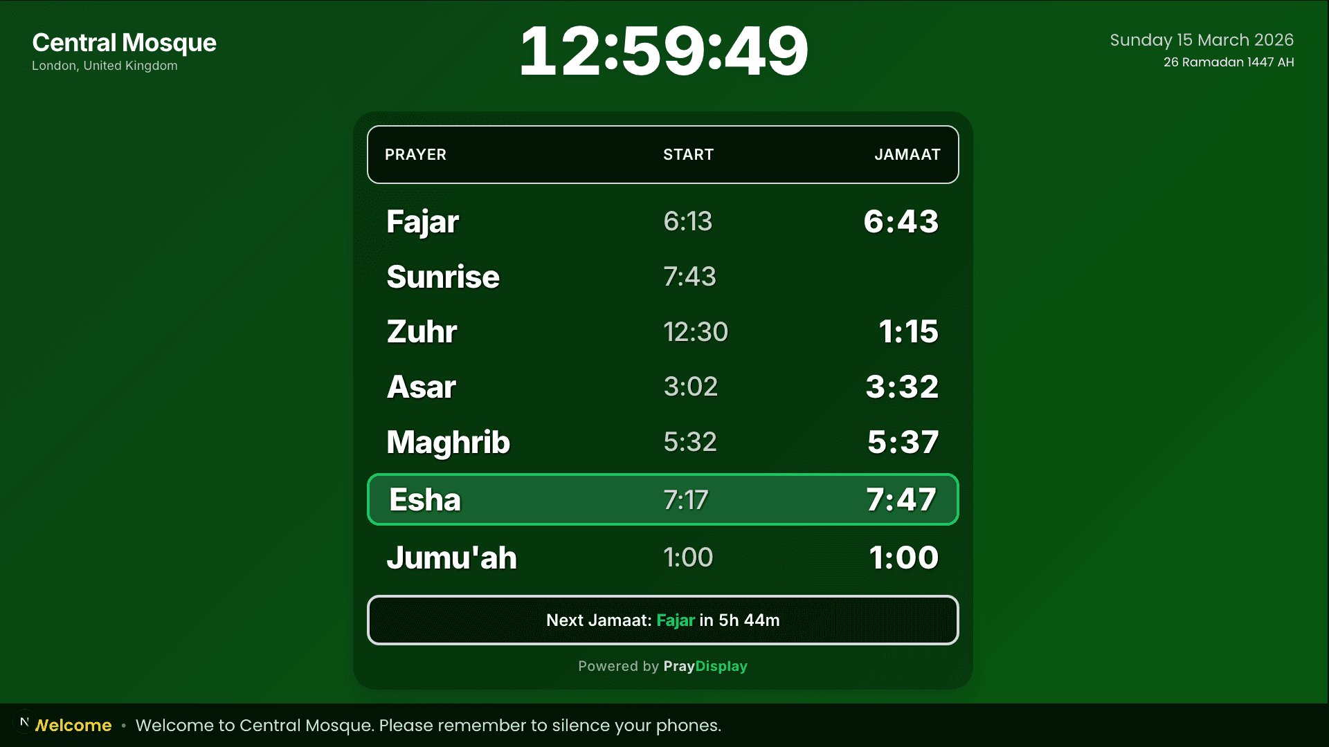PrayDisplay showing prayer times on a TV screen for Central Mosque